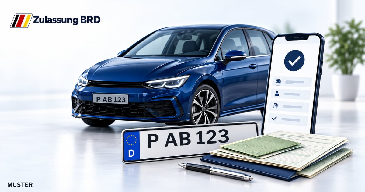 Online Fahrzeugzulassung in Potsdam: Musterkennzeichen P AB 123, Auto und Fahrzeugpapiere und Smartphone. Illustration mit Logo von Zulassung BRD.